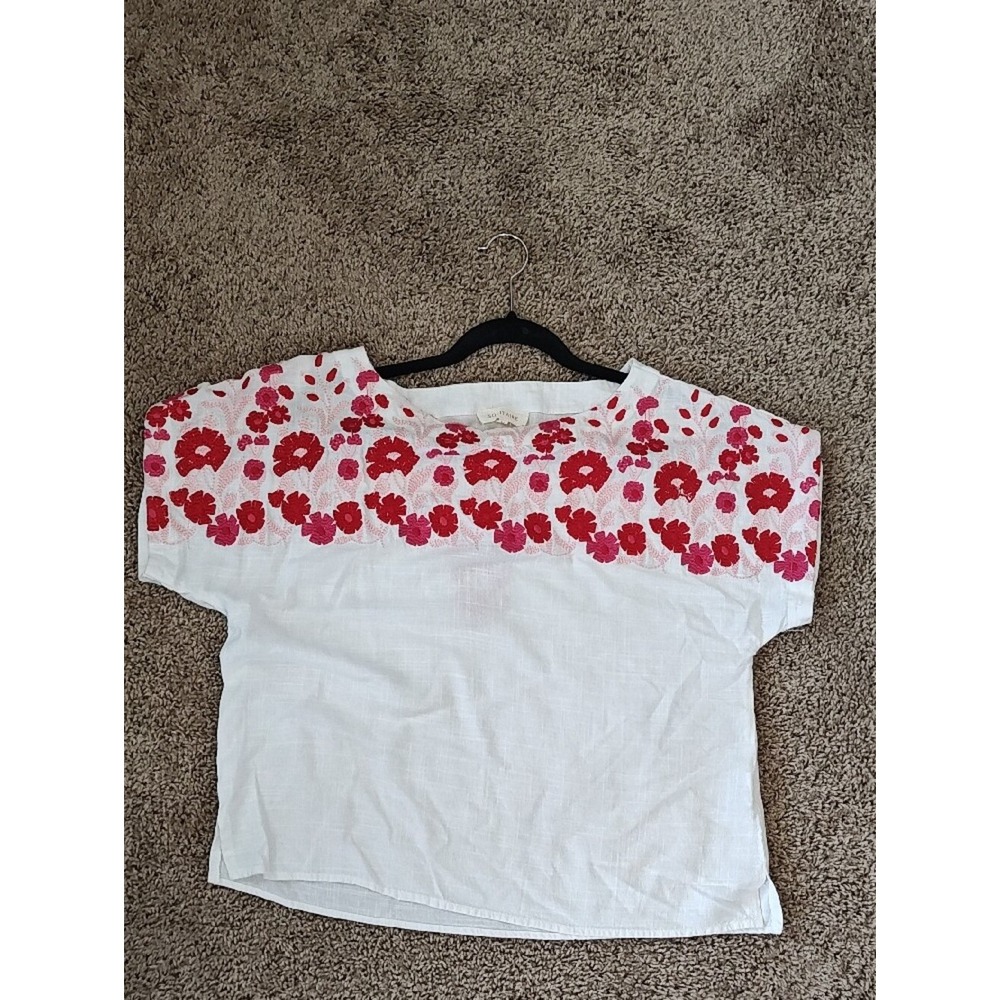 Solitaire Women XL Top White Linen Blend Floral Embroidered Boxy Blouse 24-1526